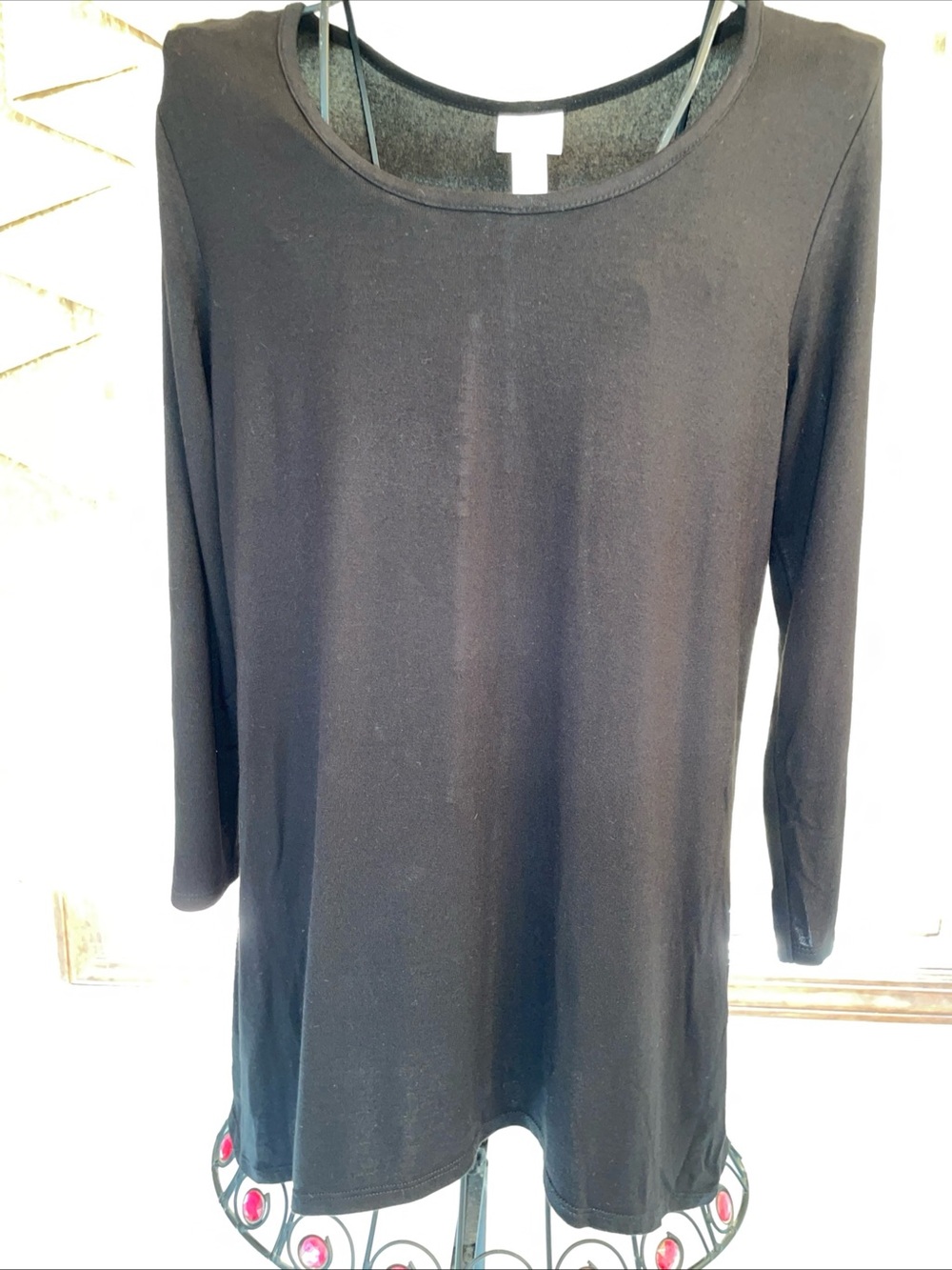 Kenar Womens Black Stretchy Knit Tunic Blouse Scoop Neck 3/4 Sleeves Size Small